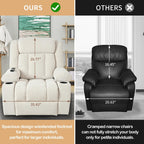 Fauteuil inclinable électrique pour personnes âgées, avec repose-pieds allongé, télécommande, poches latérales et 2 porte-gobelets.