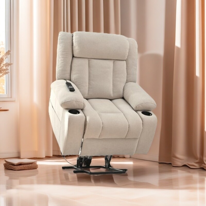 Fauteuil inclinable électrique pour personnes âgées, avec repose-pieds allongé, télécommande, poches latérales et 2 porte-gobelets.