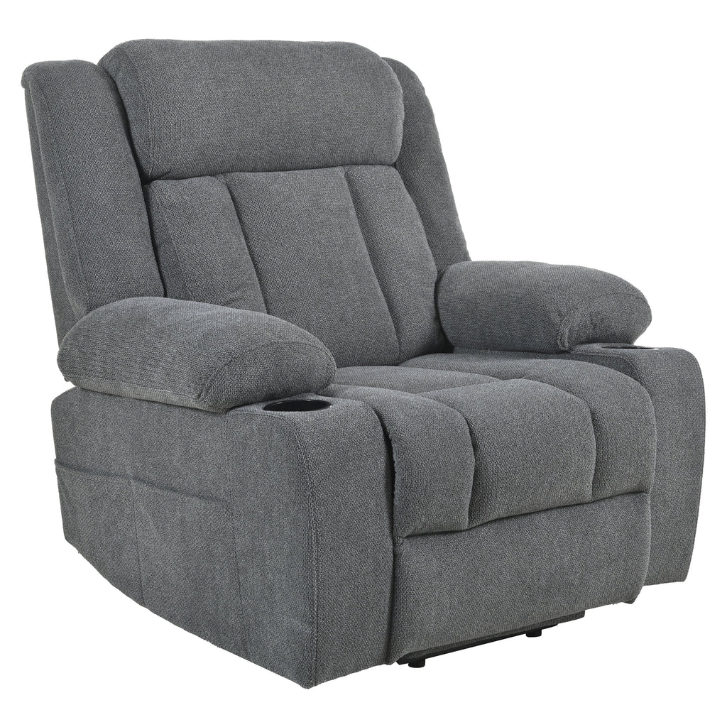 Fauteuil inclinable électrique pour personnes âgées, avec repose-pieds allongé, télécommande, poches latérales et 2 porte-gobelets.