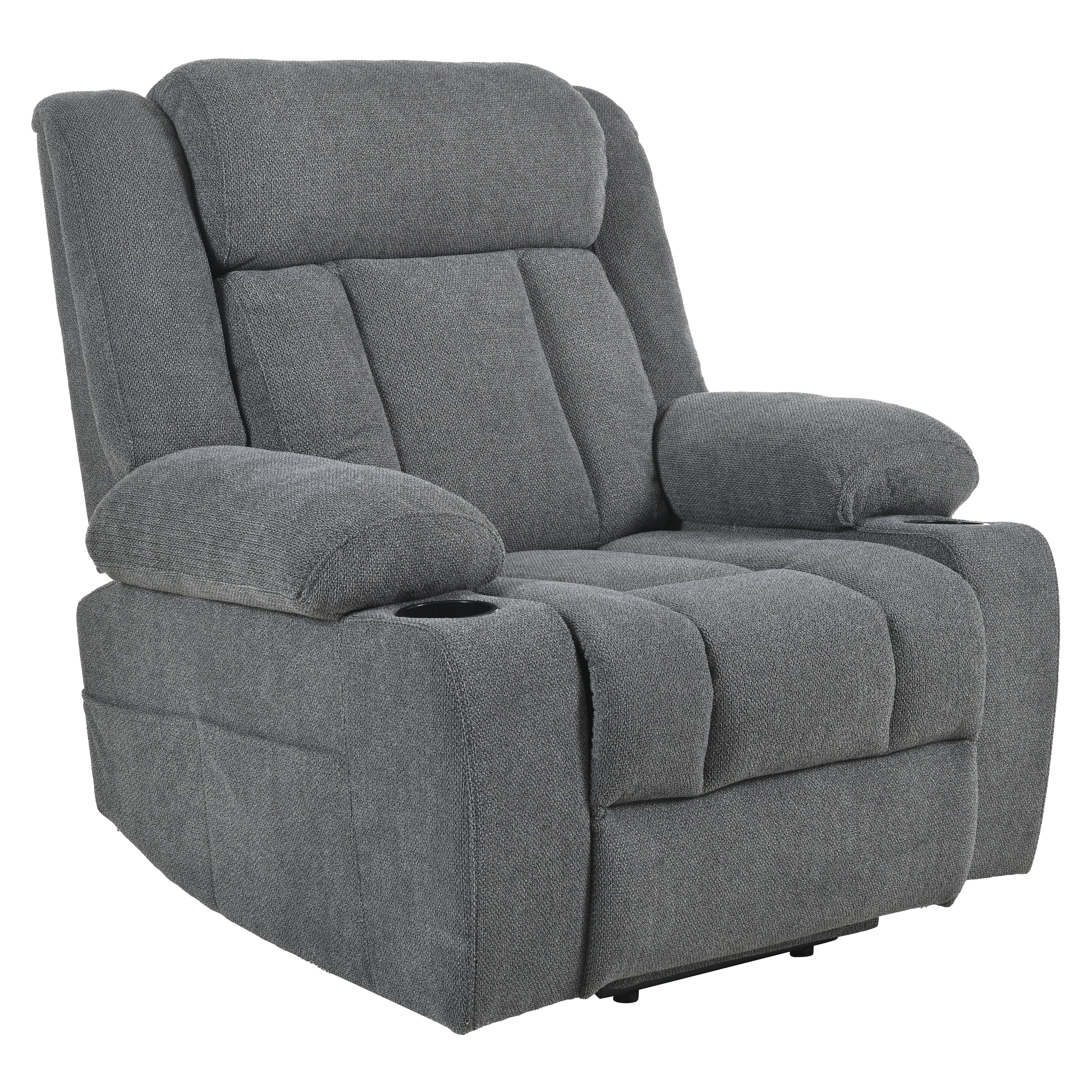 Fauteuil inclinable électrique pour personnes âgées, avec repose-pieds allongé, télécommande, poches latérales et 2 porte-gobelets.
