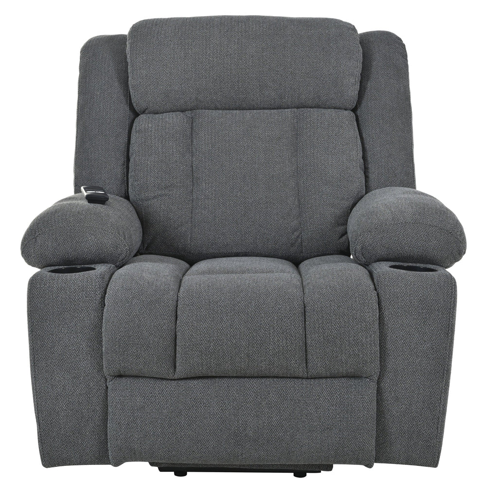 Fauteuil inclinable électrique pour personnes âgées, avec repose-pieds allongé, télécommande, poches latérales et 2 porte-gobelets.