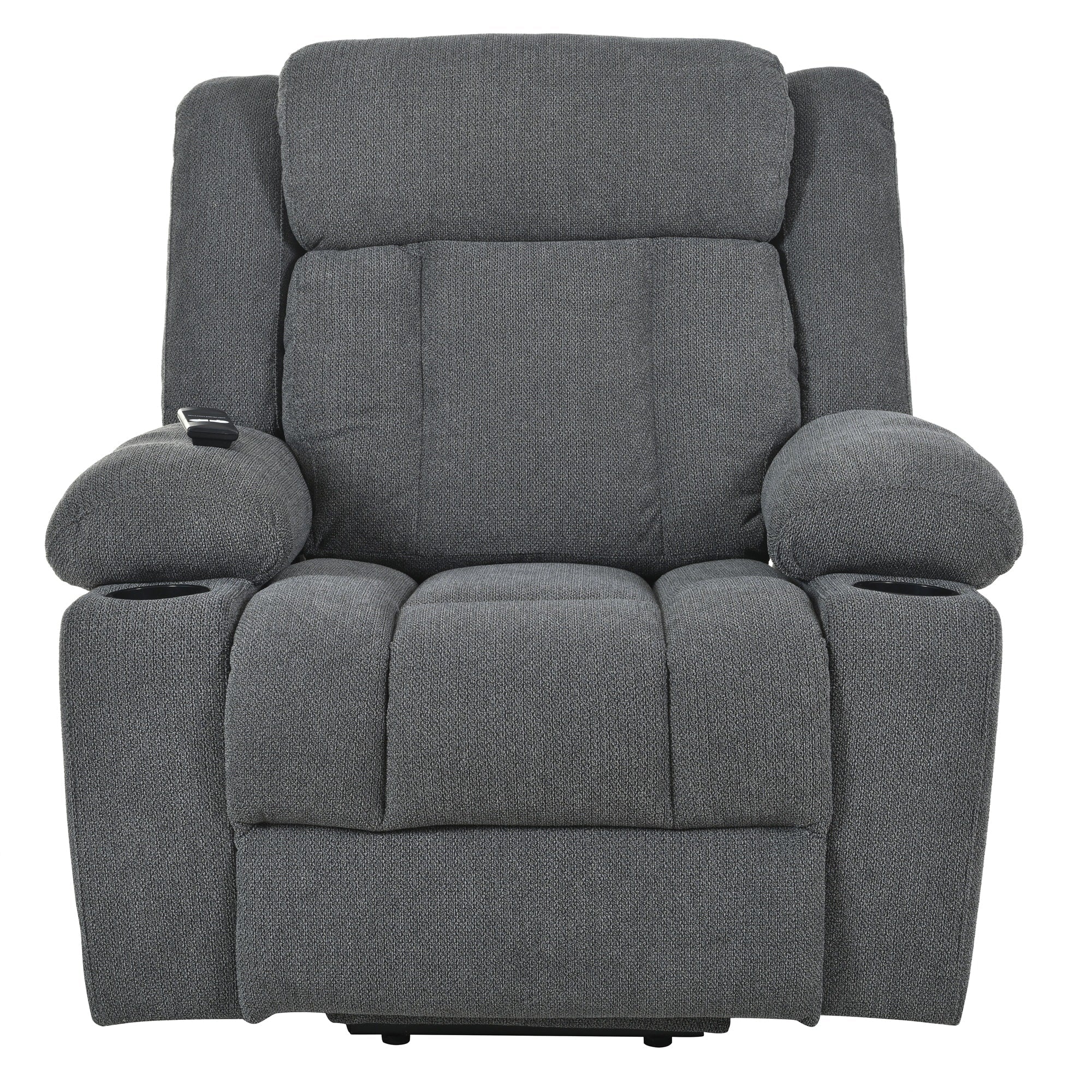 Fauteuil inclinable électrique pour personnes âgées, avec repose-pieds allongé, télécommande, poches latérales et 2 porte-gobelets.