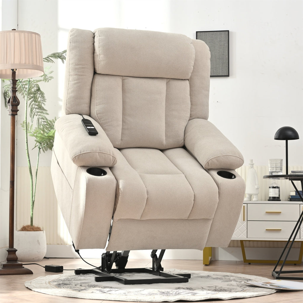 Fauteuil inclinable électrique pour personnes âgées, avec repose-pieds allongé, télécommande, poches latérales et 2 porte-gobelets.