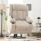 Fauteuil inclinable électrique pour personnes âgées, avec repose-pieds allongé, télécommande, poches latérales et 2 porte-gobelets.