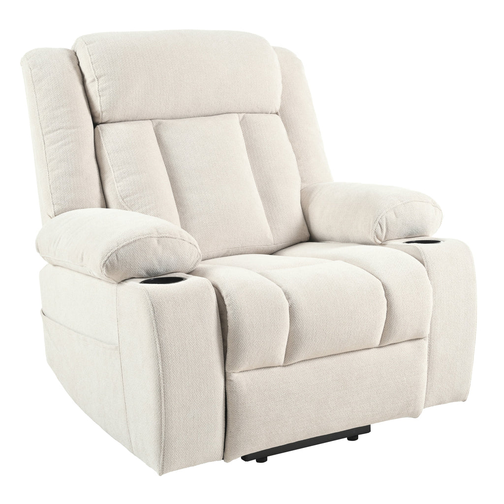 Fauteuil inclinable électrique pour personnes âgées, avec repose-pieds allongé, télécommande, poches latérales et 2 porte-gobelets.