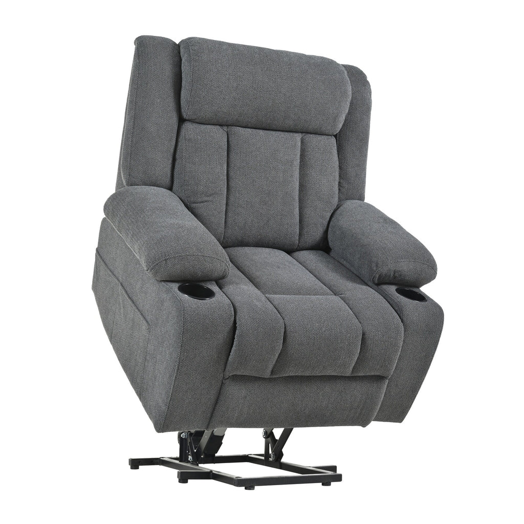 Fauteuil inclinable électrique pour personnes âgées, avec repose-pieds allongé, télécommande, poches latérales et 2 porte-gobelets.