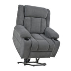 Fauteuil inclinable électrique pour personnes âgées, avec repose-pieds allongé, télécommande, poches latérales et 2 porte-gobelets.