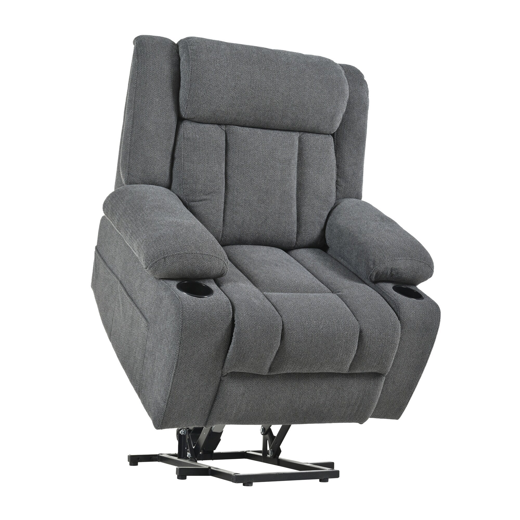 Fauteuil inclinable électrique pour personnes âgées, avec repose-pieds allongé, télécommande, poches latérales et 2 porte-gobelets.