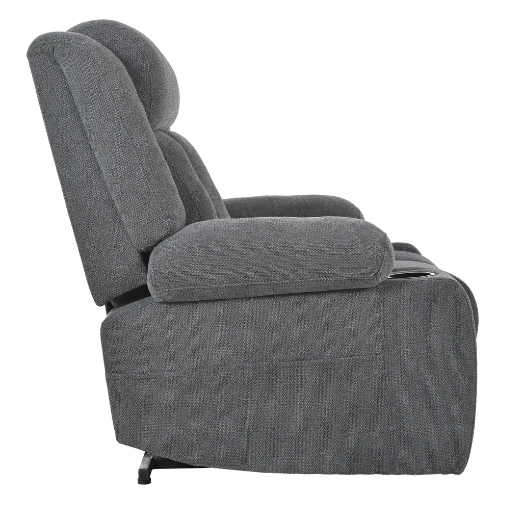 Fauteuil inclinable électrique pour personnes âgées, avec repose-pieds allongé, télécommande, poches latérales et 2 porte-gobelets.