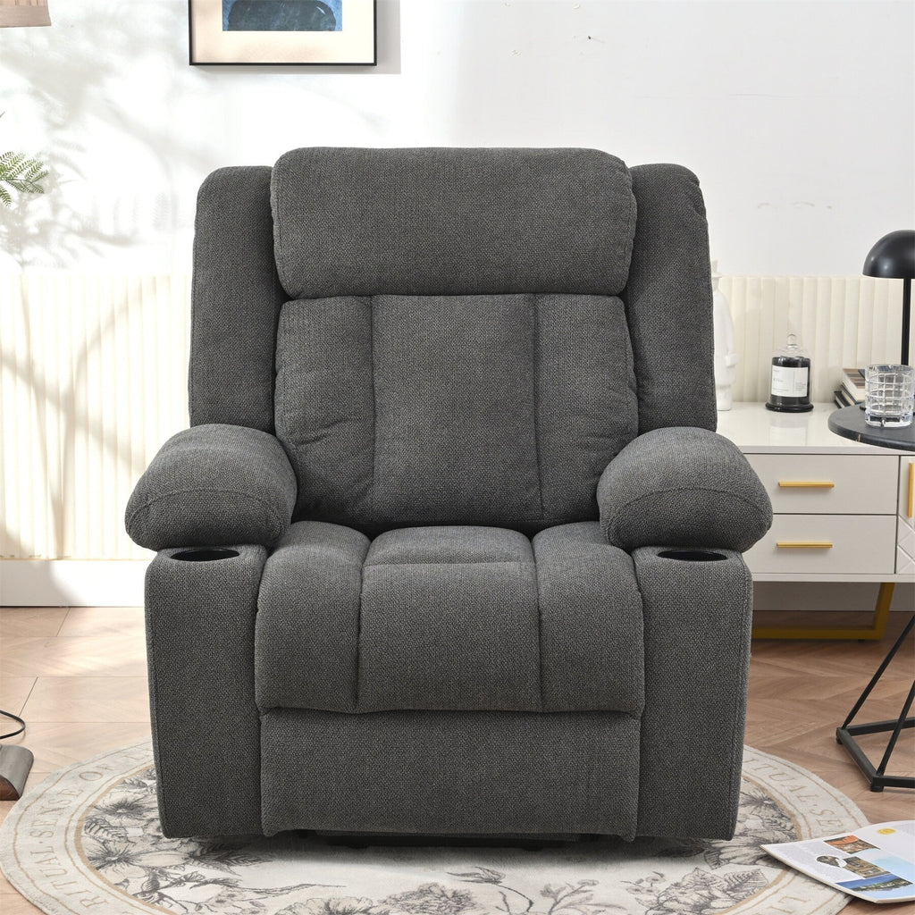 Fauteuil inclinable électrique pour personnes âgées, avec repose-pieds allongé, télécommande, poches latérales et 2 porte-gobelets.