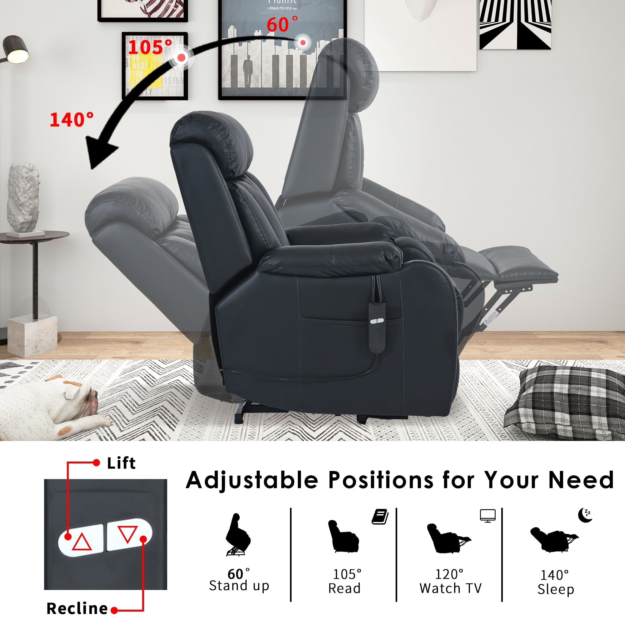 Fauteuil inclinable électrique pour personnes âgées, siège inclinable réglable avec poche latérale et télécommande.