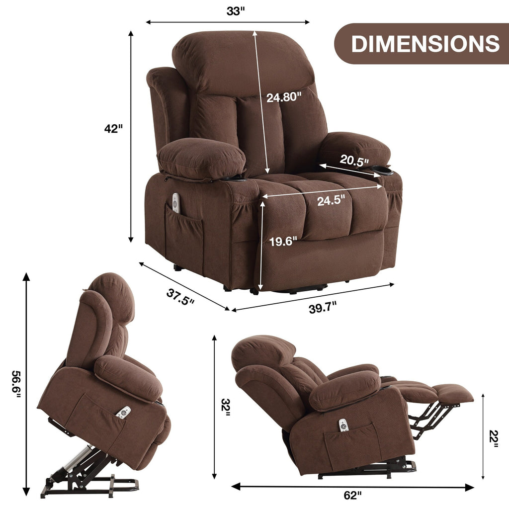 Fauteuil inclinable électrique avec chauffage et massage, chargement USB, télécommande et poches latérales pour personnes âgées
