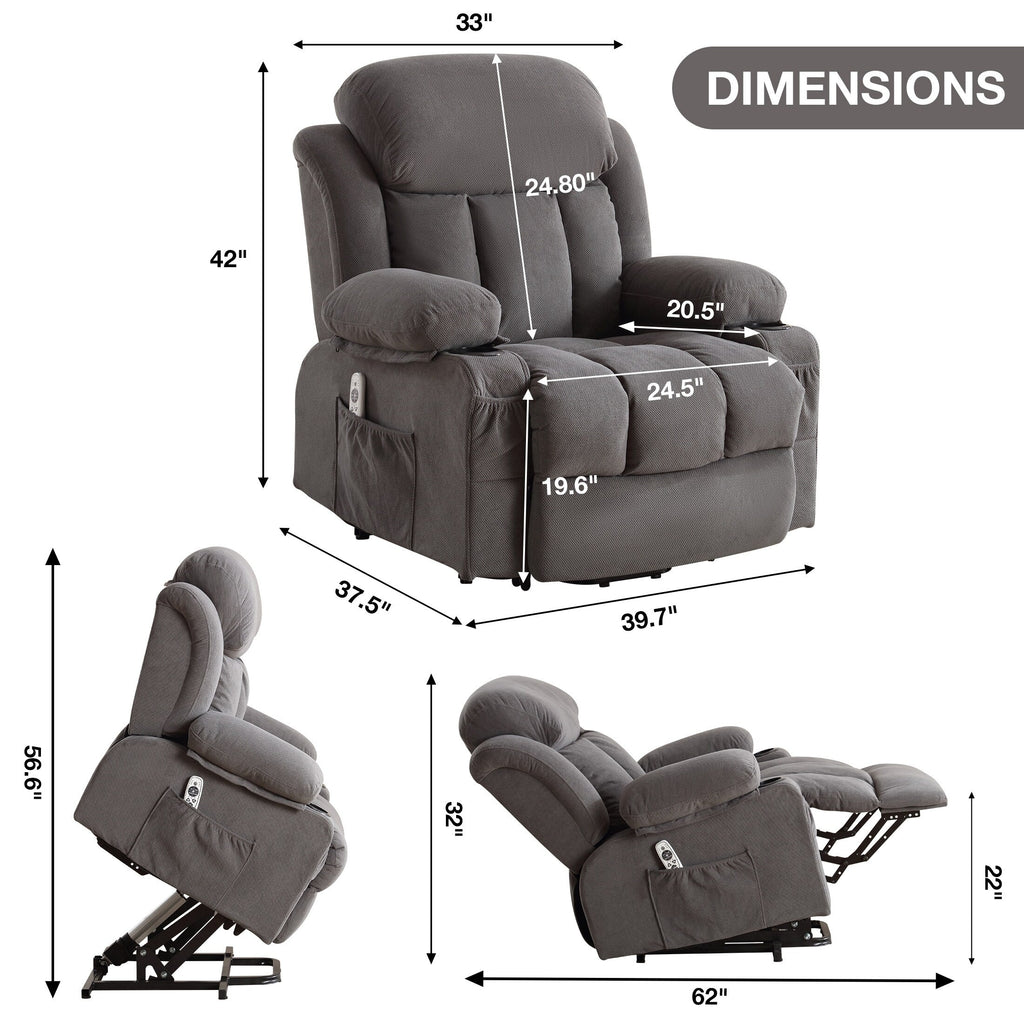 Fauteuil inclinable électrique avec chauffage et massage, chargement USB, télécommande et poches latérales pour personnes âgées