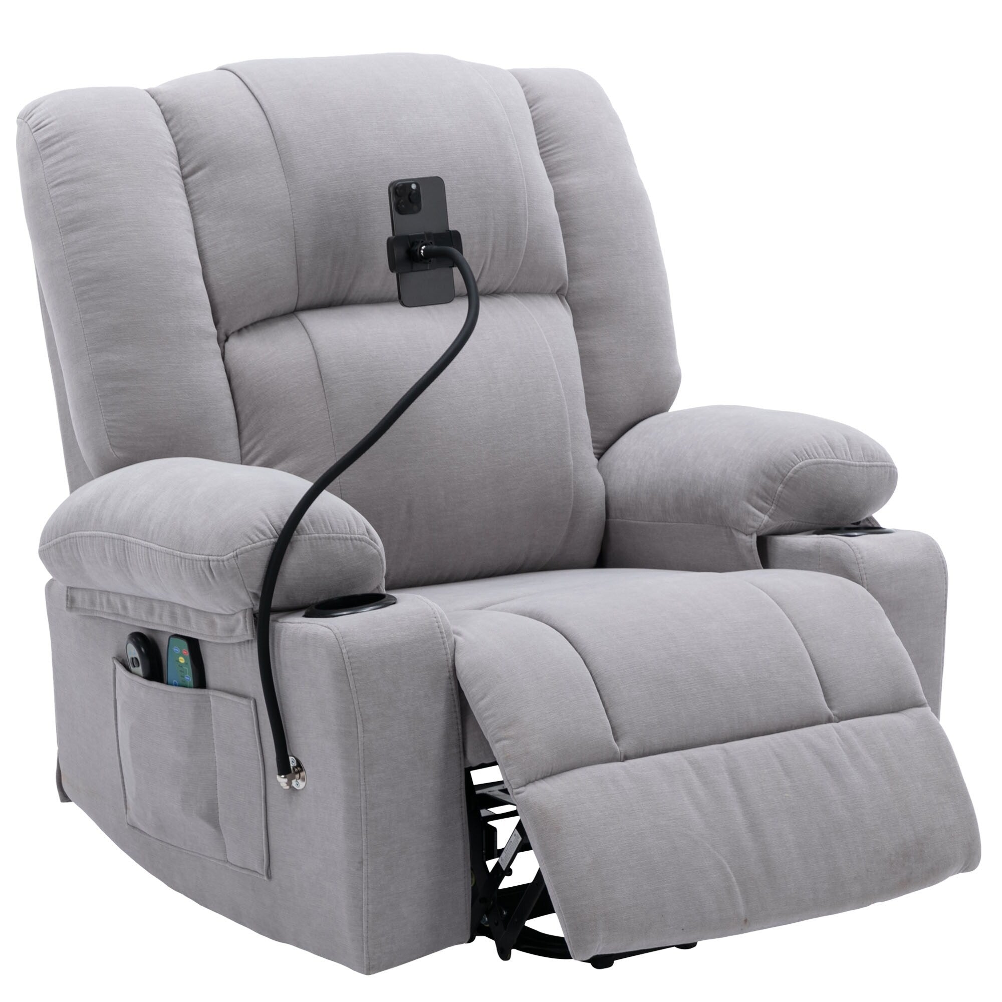 Fauteuil inclinable électrique avec massage, chauffage, support de téléphone 360°, poches latérales et porte-gobelets pour personnes âgées