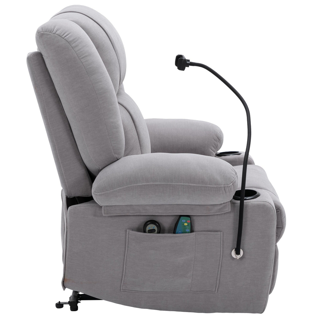 Fauteuil inclinable électrique avec massage, chauffage, support de téléphone 360°, poches latérales et porte-gobelets pour personnes âgées