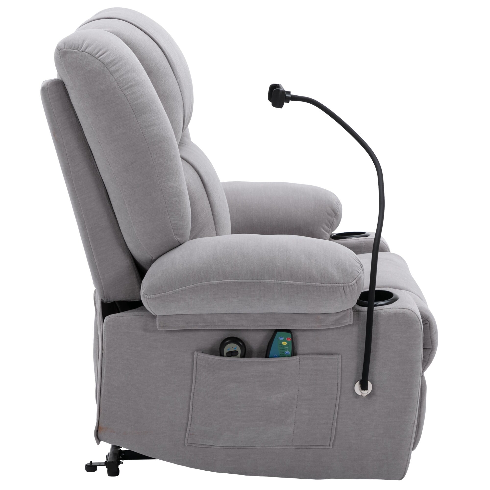Fauteuil inclinable électrique avec massage, chauffage, support de téléphone 360°, poches latérales et porte-gobelets pour personnes âgées