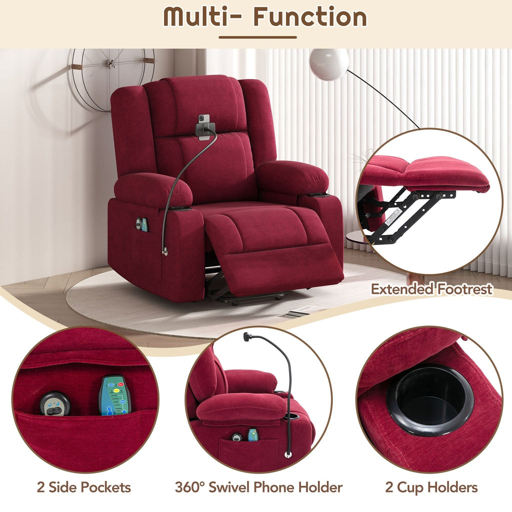 Fauteuil inclinable électrique avec massage, chauffage, support de téléphone 360°, poches latérales et porte-gobelets pour personnes âgées