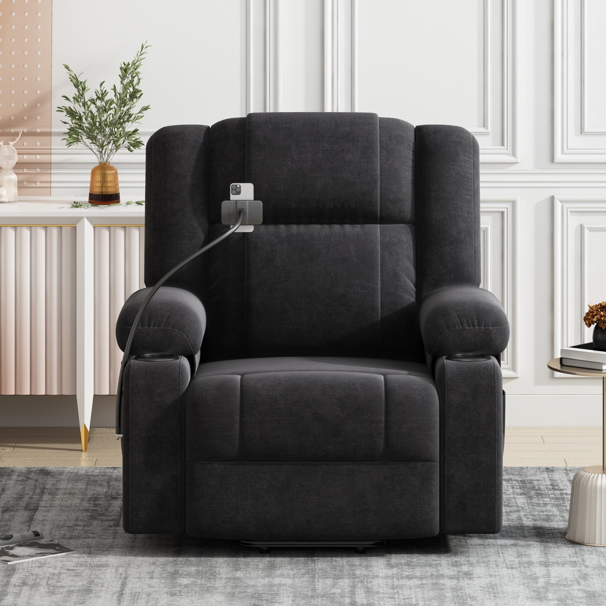 Fauteuil inclinable électrique avec massage, chauffage, support de téléphone 360°, poches latérales et porte-gobelets pour personnes âgées