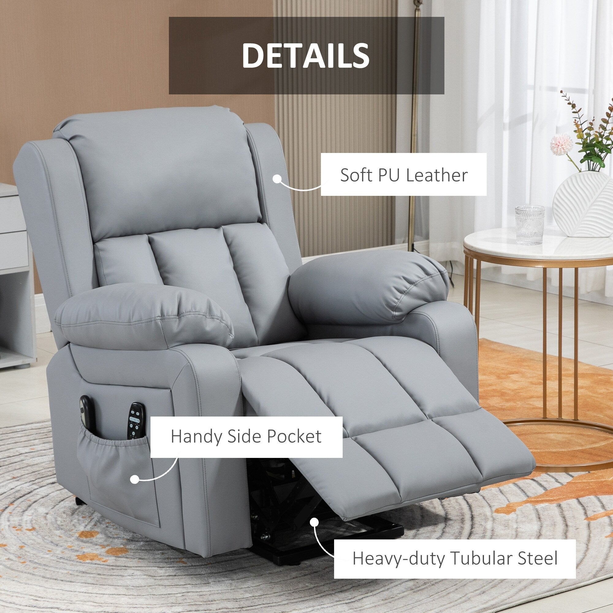 Fauteuil inclinable électrique avec massage par vibration, chauffage, télécommande et poches latérales
