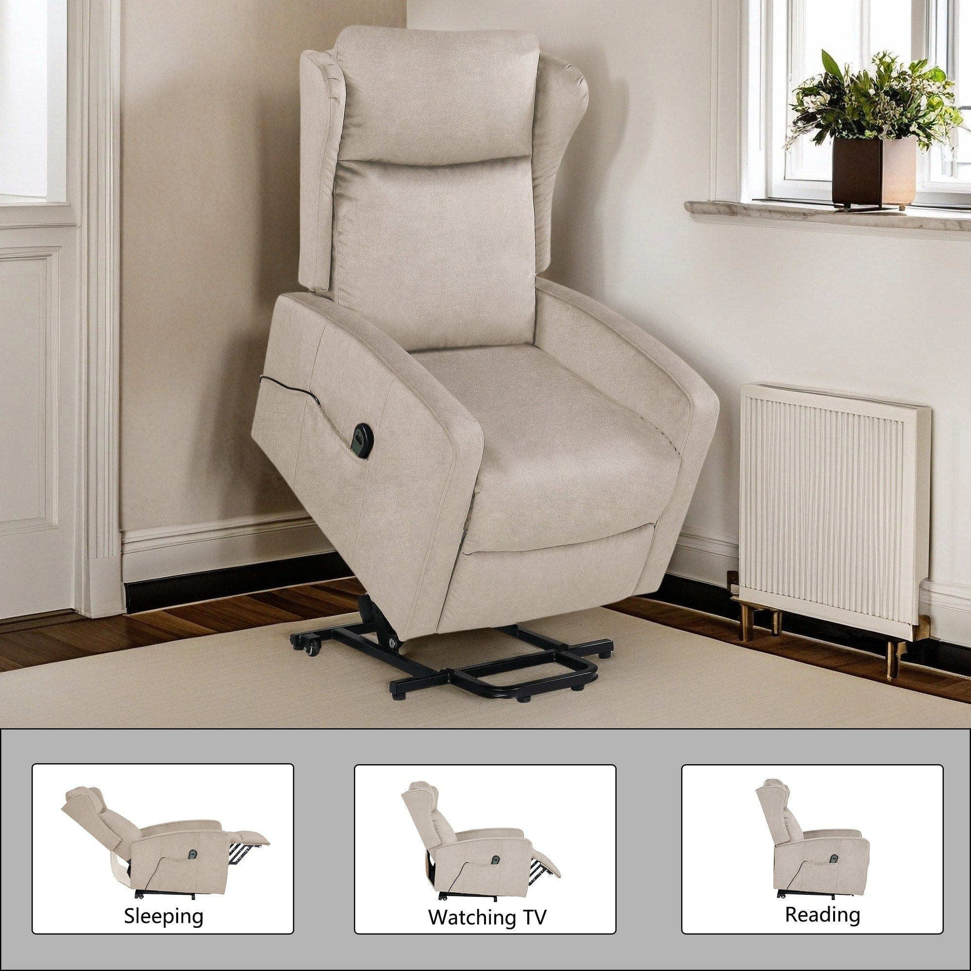 Fauteuil inclinable électrique avec télécommande, soutien confortable du dos, des lombaires et des jambes, aide à la station debout, poche latérale
