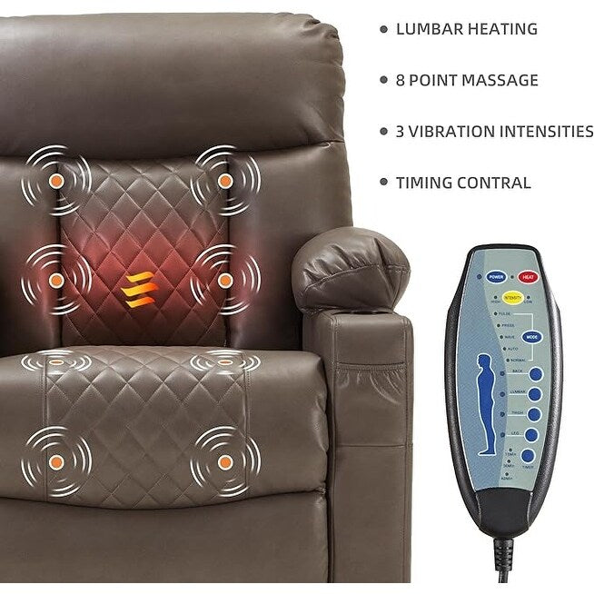 Fauteuil inclinable électrique pour personnes âgées avec fonction chauffage et massage, repose-pieds allongé, ports USB et Type-C, porte-gobelets