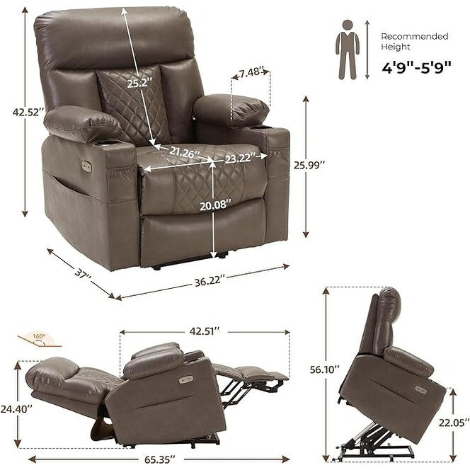 Fauteuil inclinable électrique pour personnes âgées avec fonction chauffage et massage, repose-pieds allongé, ports USB et Type-C, porte-gobelets