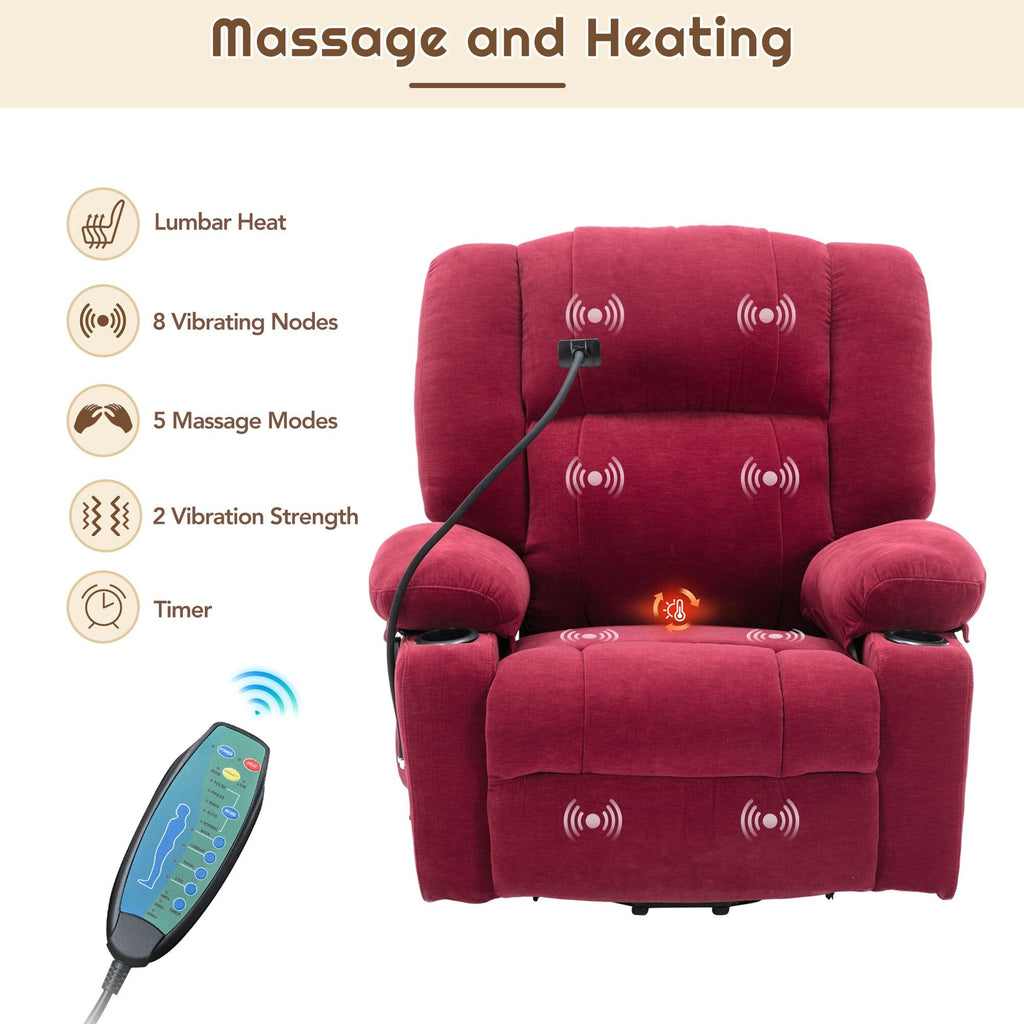 Fauteuil inclinable électrique avec chauffage, massage, support de téléphone 360°, porte-gobelets et poches latérales pour personnes âgées