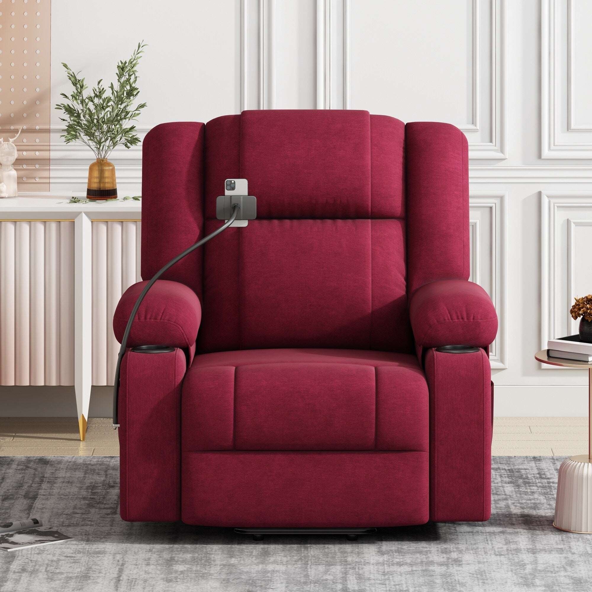 Fauteuil inclinable électrique avec chauffage, massage, support de téléphone 360°, porte-gobelets et poches latérales pour personnes âgées