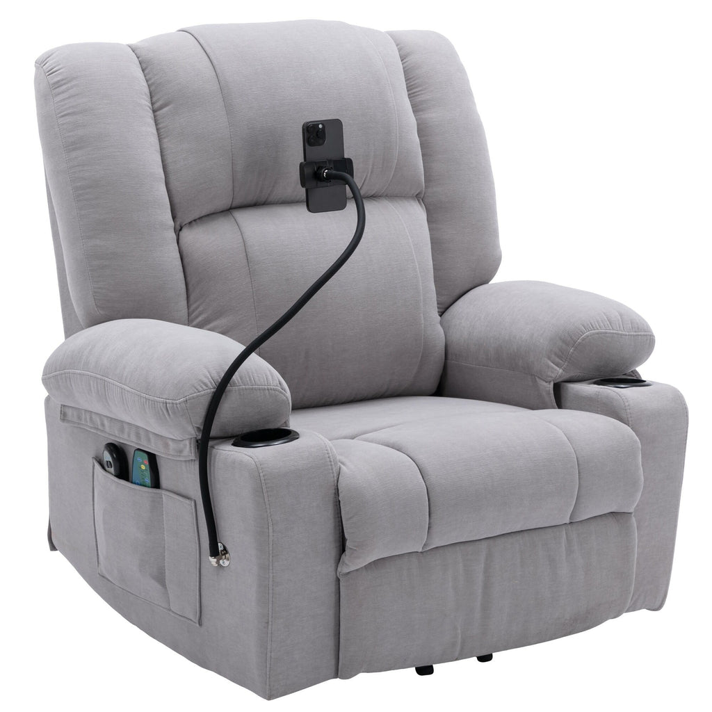 Fauteuil inclinable électrique avec chauffage, massage, support de téléphone 360°, porte-gobelets et poches latérales pour personnes âgées