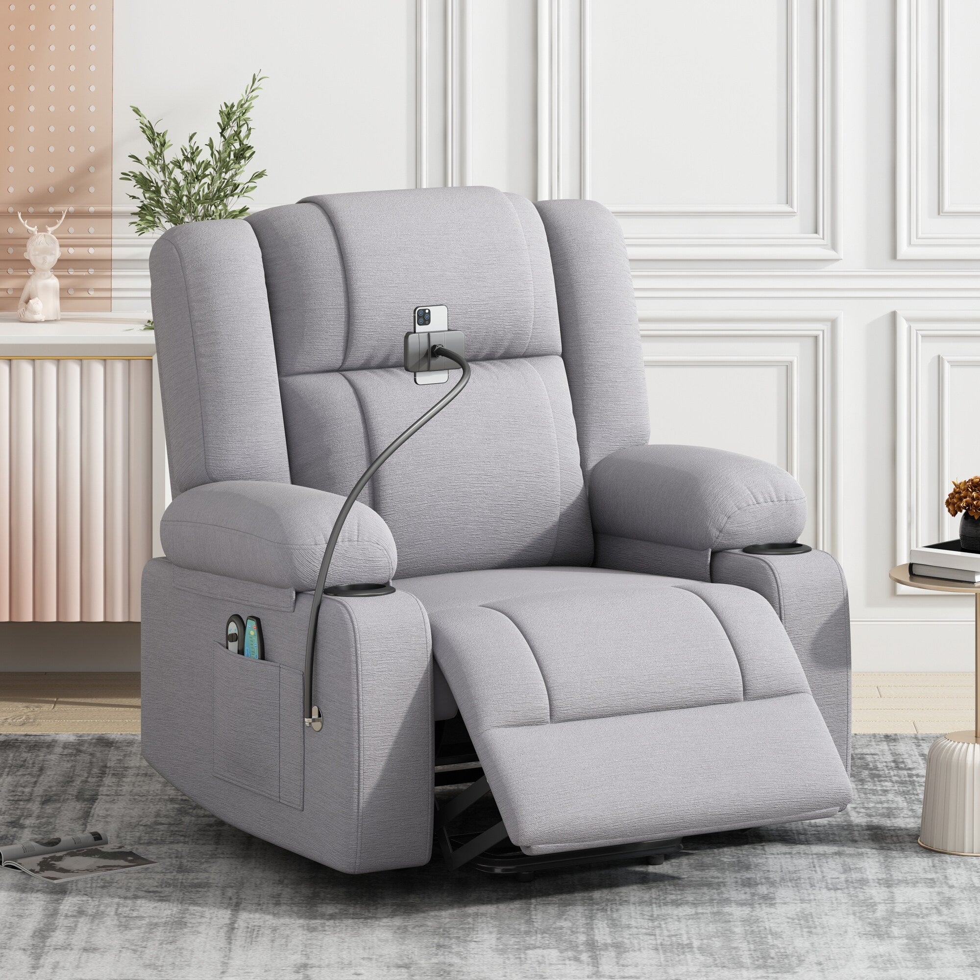 Fauteuil inclinable électrique avec chauffage, massage, support de téléphone 360°, porte-gobelets et poches latérales pour personnes âgées
