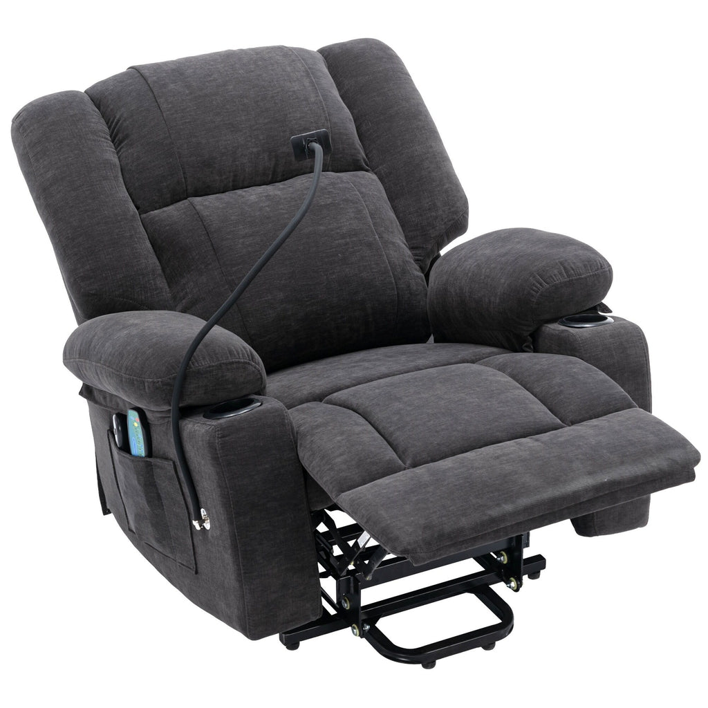 Fauteuil inclinable électrique avec chauffage, massage, support de téléphone 360°, porte-gobelets et poches latérales pour personnes âgées