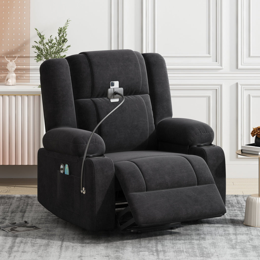 Fauteuil inclinable électrique avec chauffage, massage, support de téléphone 360°, porte-gobelets et poches latérales pour personnes âgées