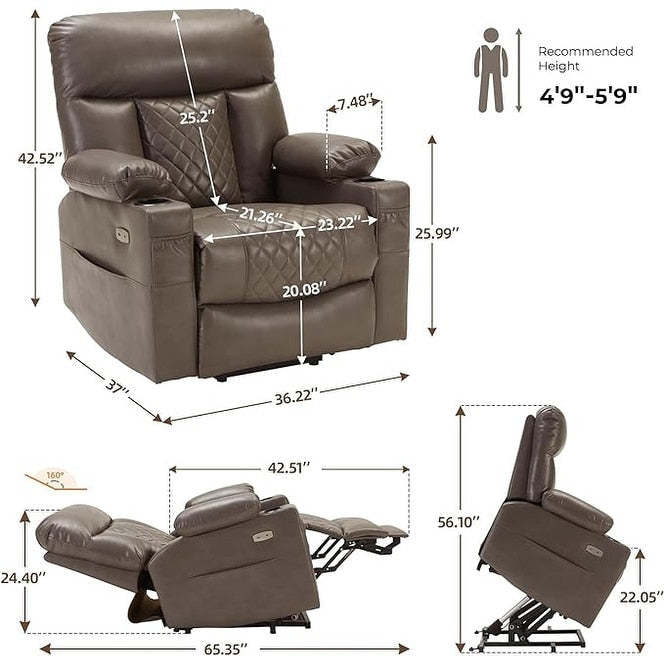 Fauteuil inclinable électrique avec chauffage, massage, repose-pieds allongé, ports USB et Type-C et porte-gobelets
