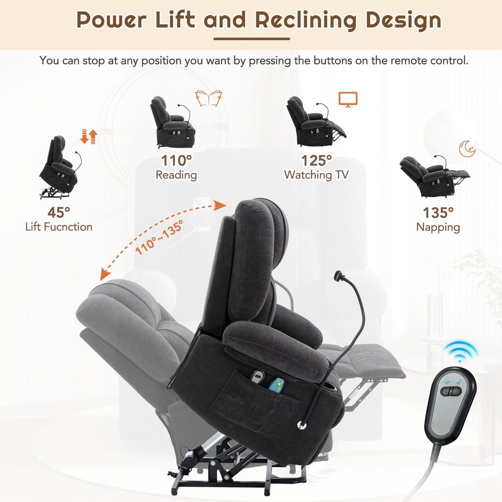 Fauteuil inclinable électrique avec massage, chauffage, porte-gobelets et pivot
