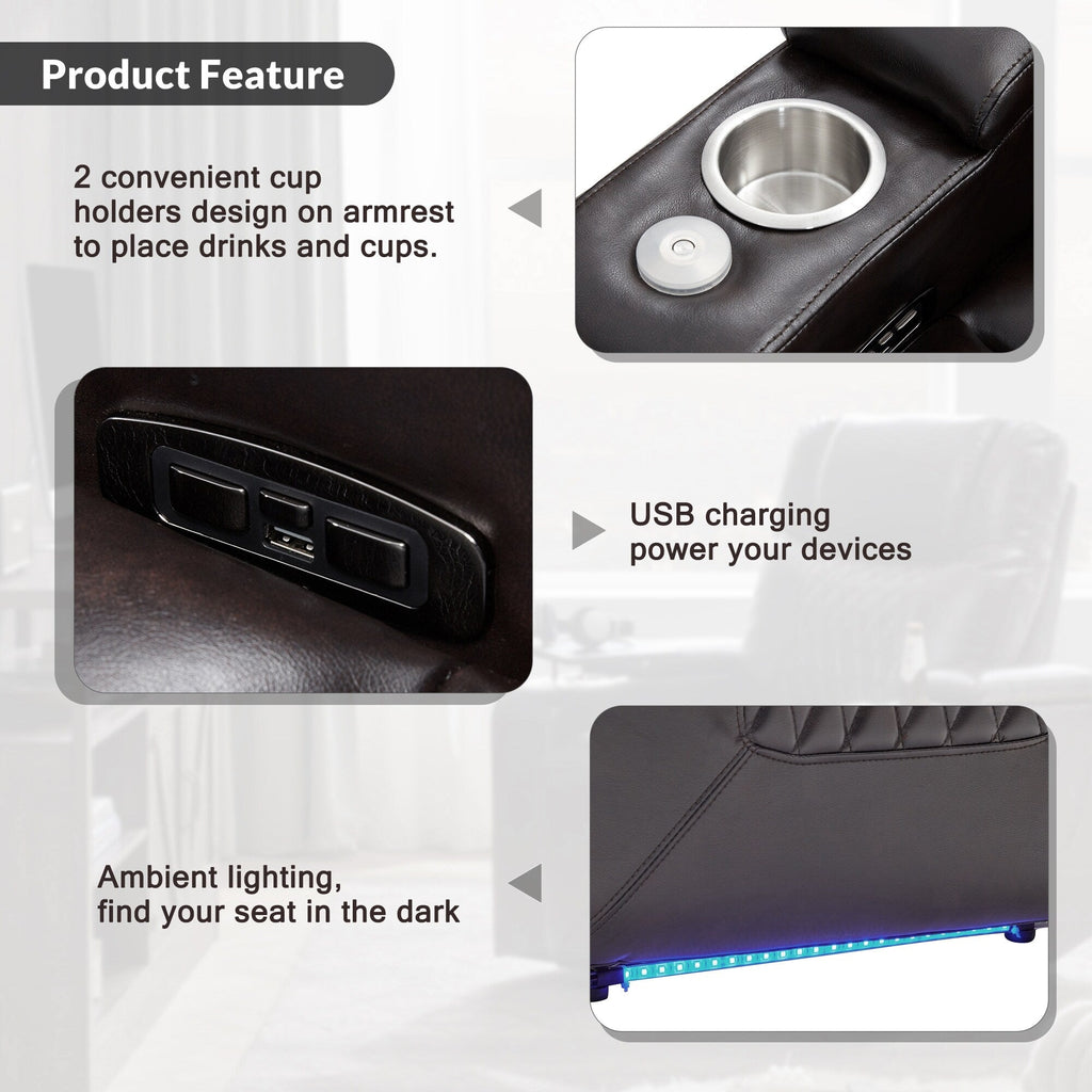 Fauteuil inclinable électrique avec port USB, plateau pivotant et rangement pour accoudoirs