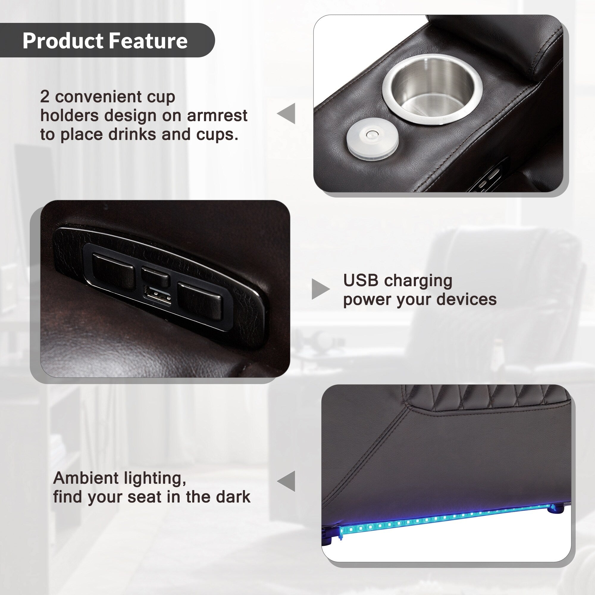 Fauteuil inclinable électrique avec port USB, plateau pivotant et rangement pour accoudoirs