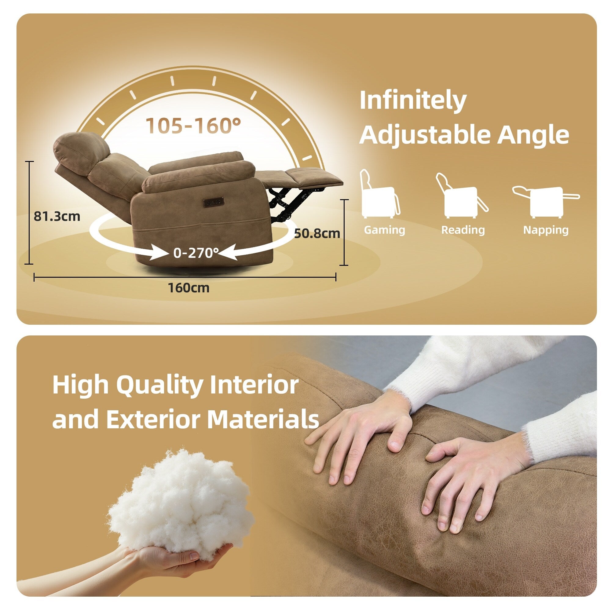 Fauteuil inclinable pivotant électrique - Fauteuil inclinable massant surdimensionné avec chargement USB/Type-C, fonction de bascule rotative à 360°