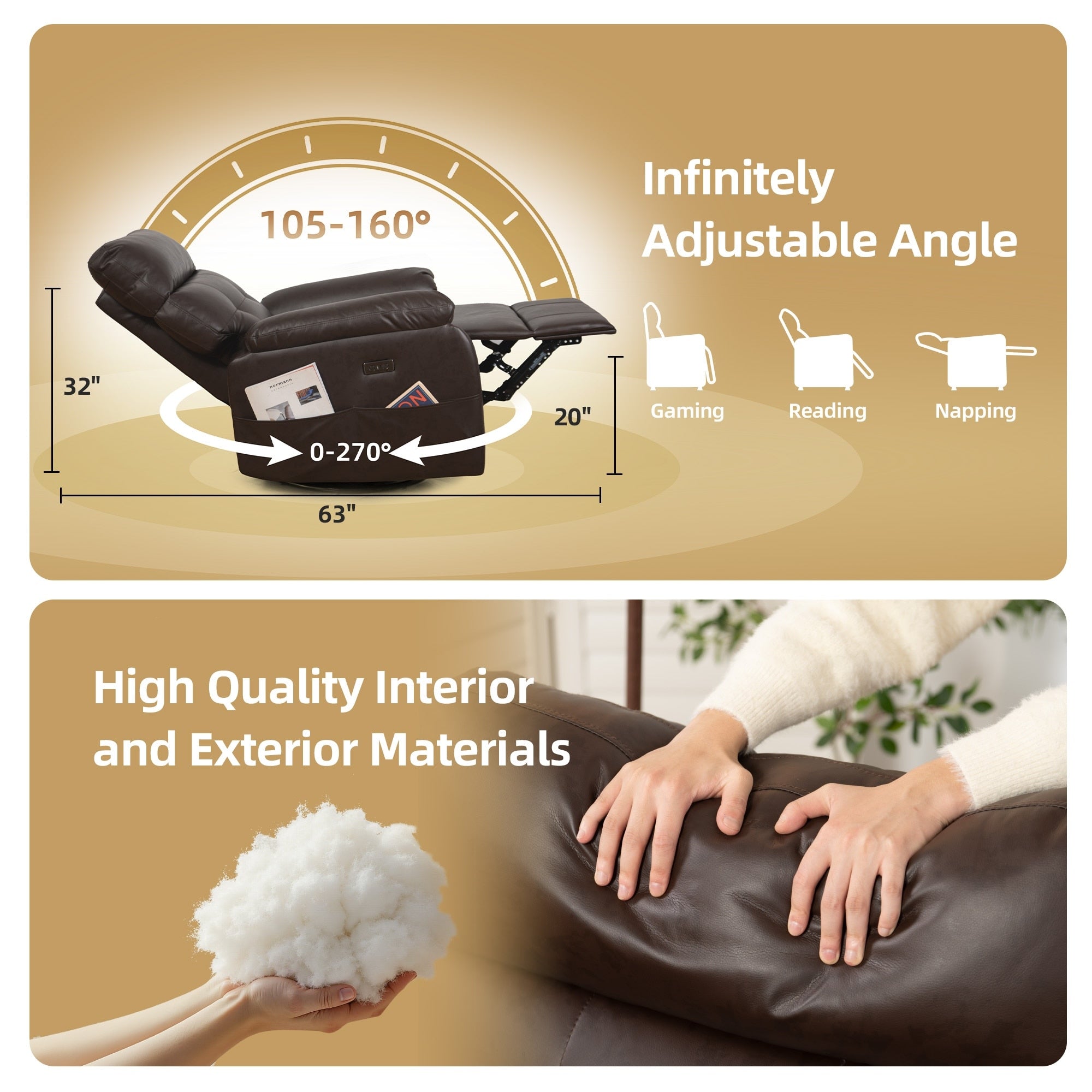 Fauteuil inclinable pivotant électrique - Fauteuil inclinable massant surdimensionné avec chargement USB/Type-C, fonction de bascule rotative à 360°