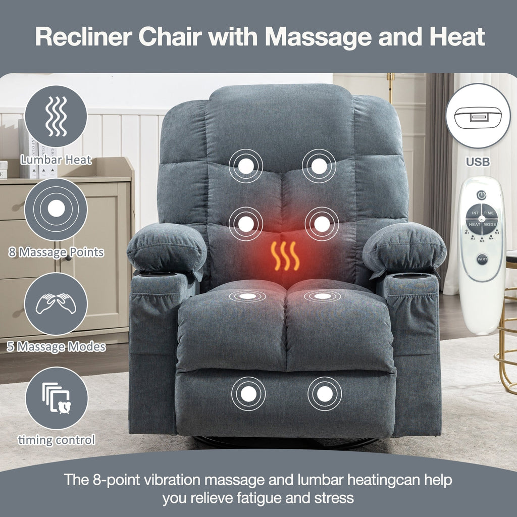 Fauteuil inclinable électrique avec inclinaison réglable à 139°, massage 8 points et chauffage lombaire, moteur Okin, chargement USB et rangement latéral