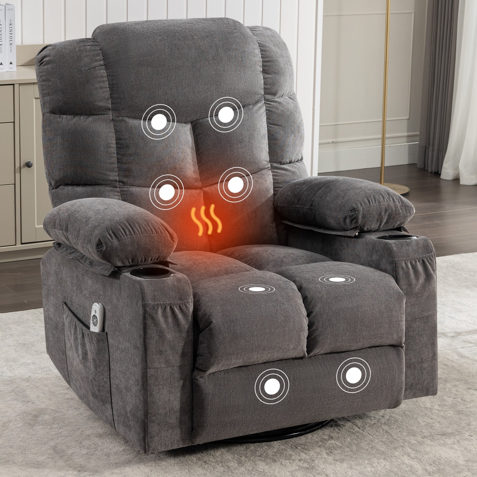 Fauteuil inclinable électrique avec inclinaison réglable à 139°, massage 8 points et chauffage lombaire, moteur Okin, chargement USB et rangement latéral