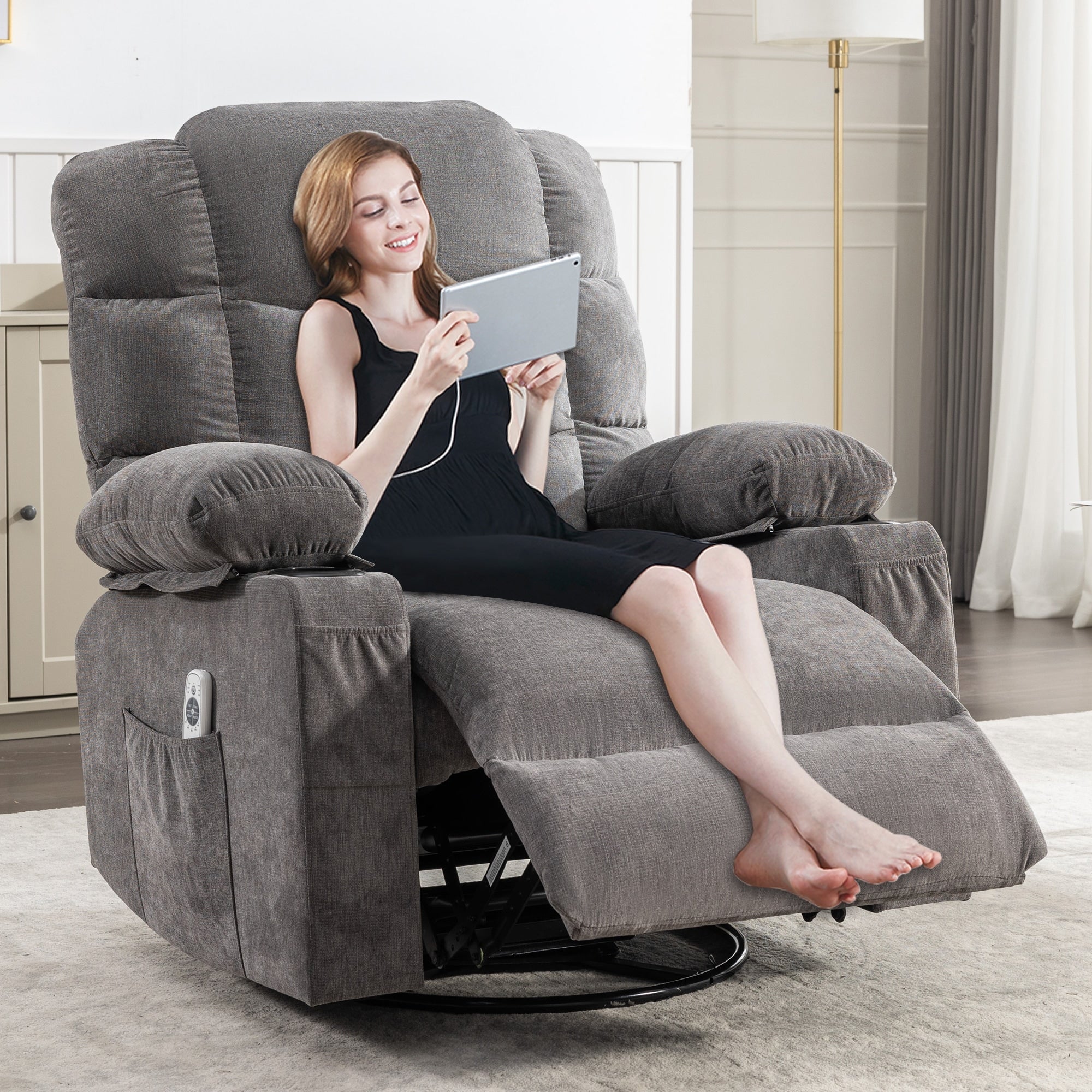 Fauteuil inclinable électrique avec inclinaison réglable à 139°, massage 8 points et chauffage lombaire, moteur Okin, chargement USB et rangement latéral