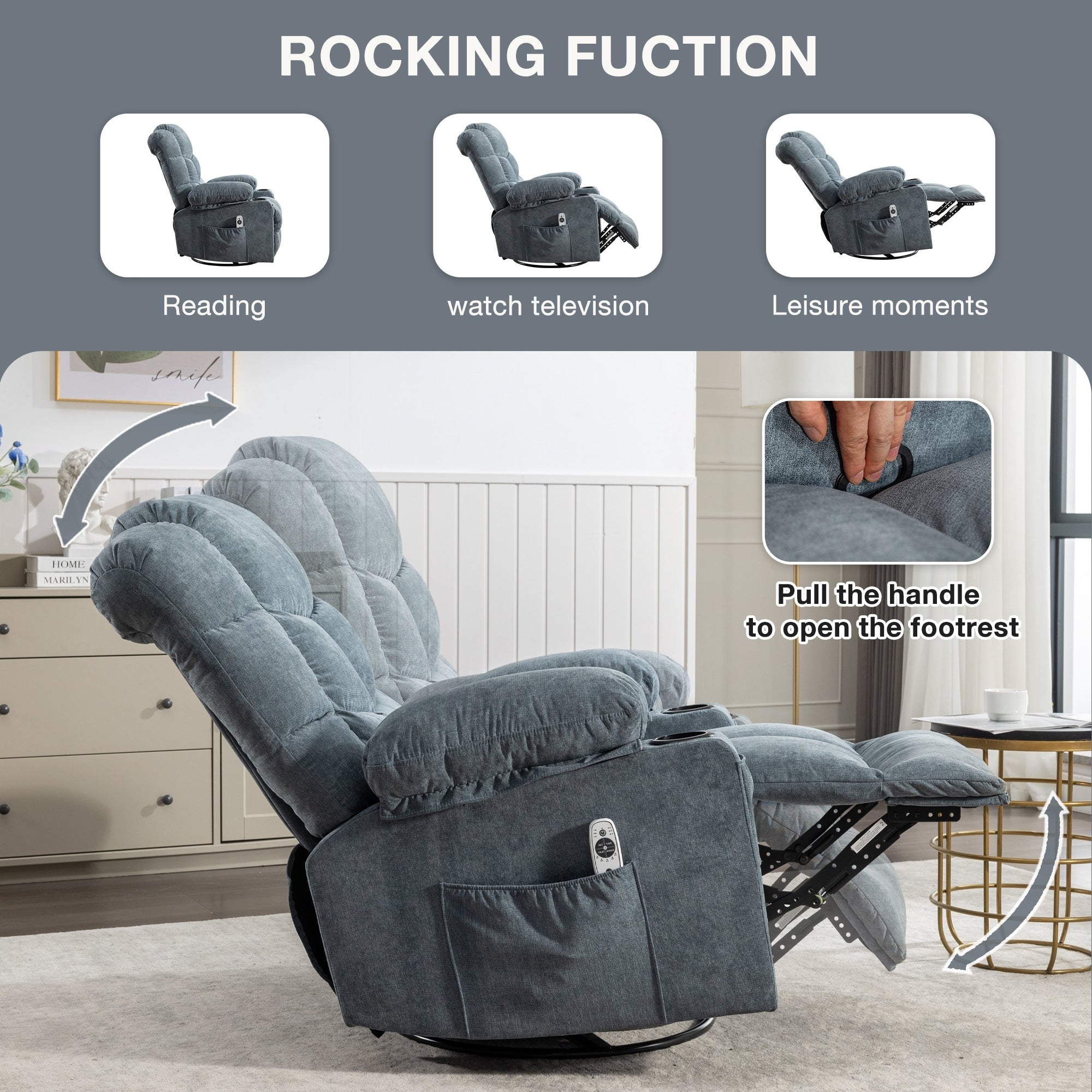 Fauteuil inclinable électrique avec inclinaison réglable à 139°, massage 8 points et chauffage lombaire, moteur Okin, chargement USB et rangement latéral