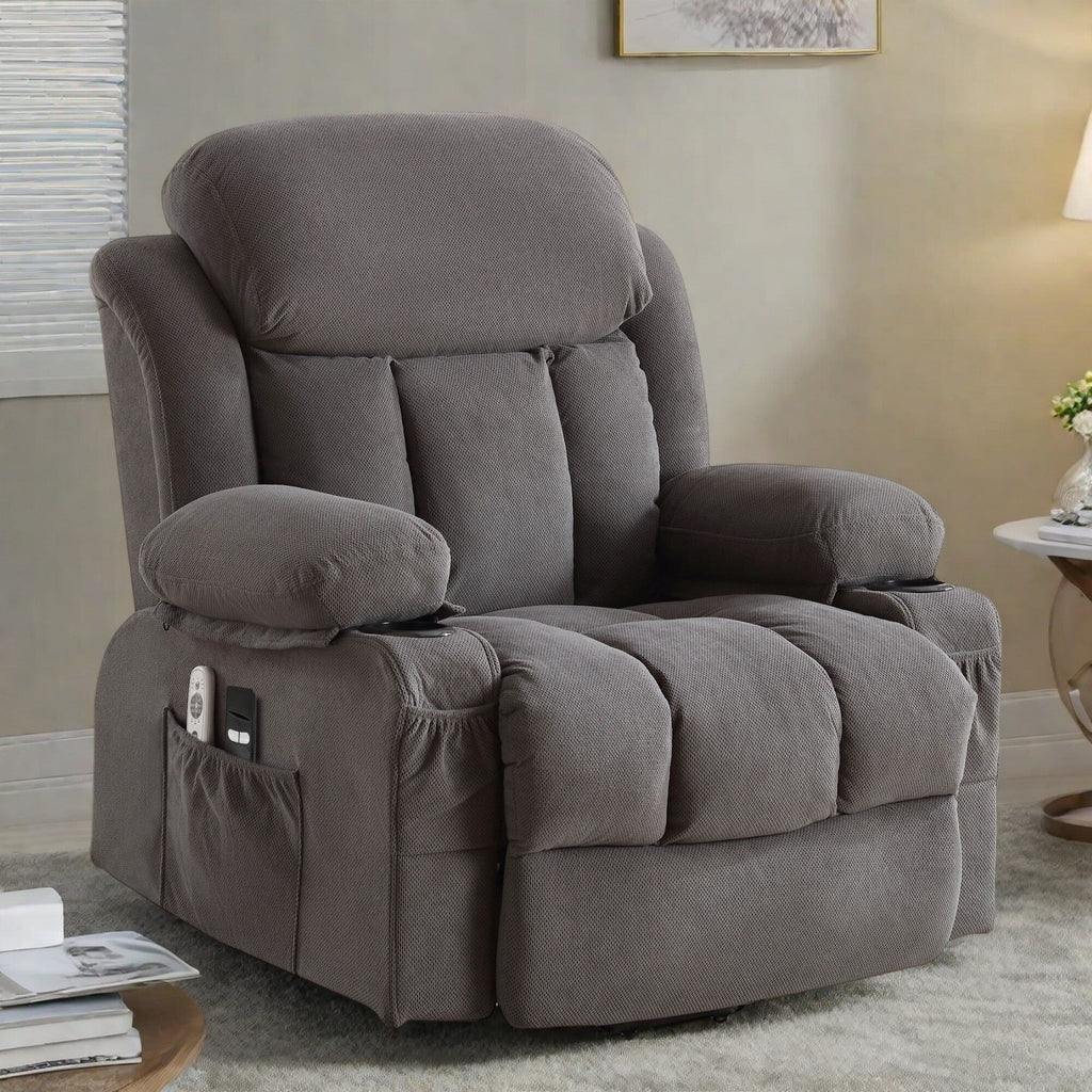 Fauteuil inclinable électrique avec massage et chauffage, port USB, porte-gobelets et poches latérales, modes de vibration réglables et chauffage