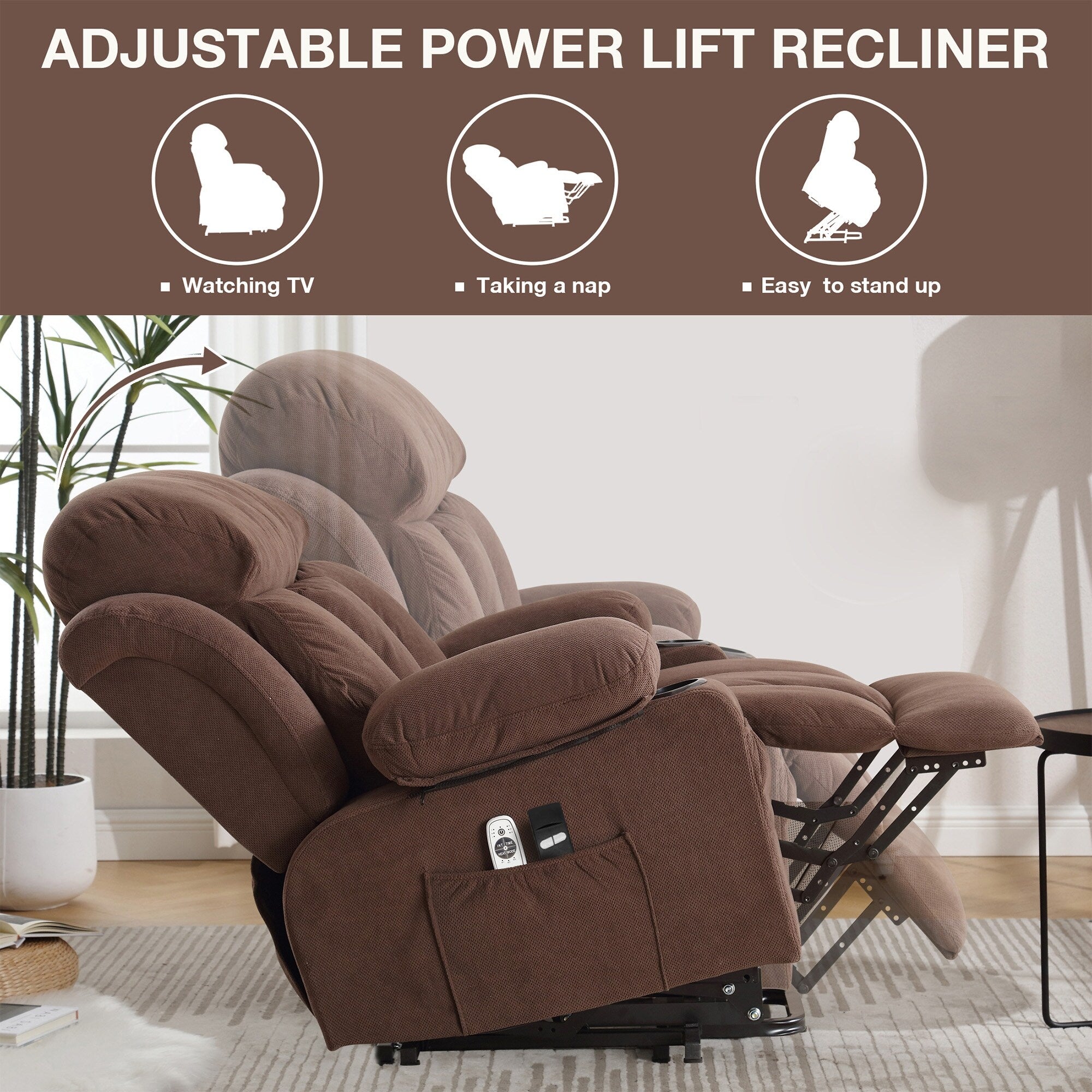 Fauteuil inclinable électrique avec massage et chauffage, port USB, porte-gobelets et poches latérales, modes de vibration réglables et chauffage