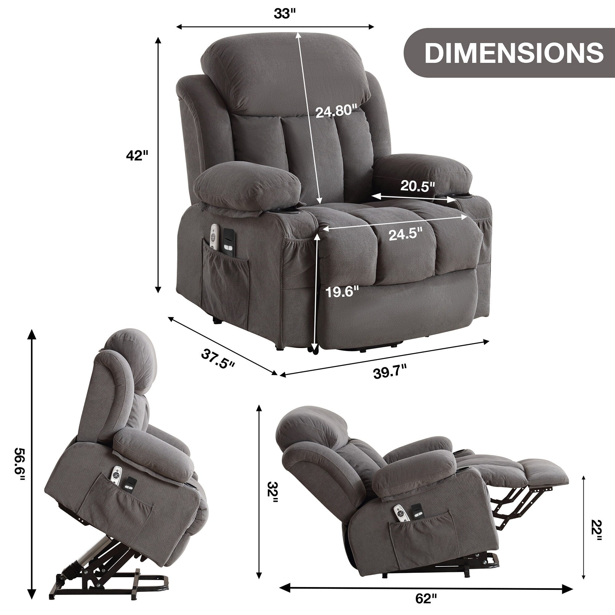 Fauteuil inclinable électrique avec massage, chauffage, port USB et porte-gobelets