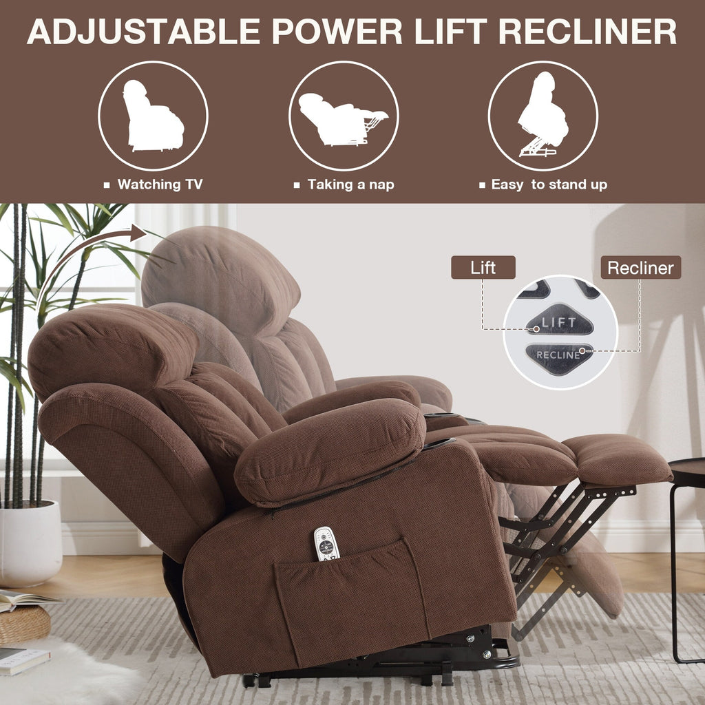 Fauteuil releveur électrique inclinable avec chauffage, massage, port USB, rangement latéral et télécommande conviviale