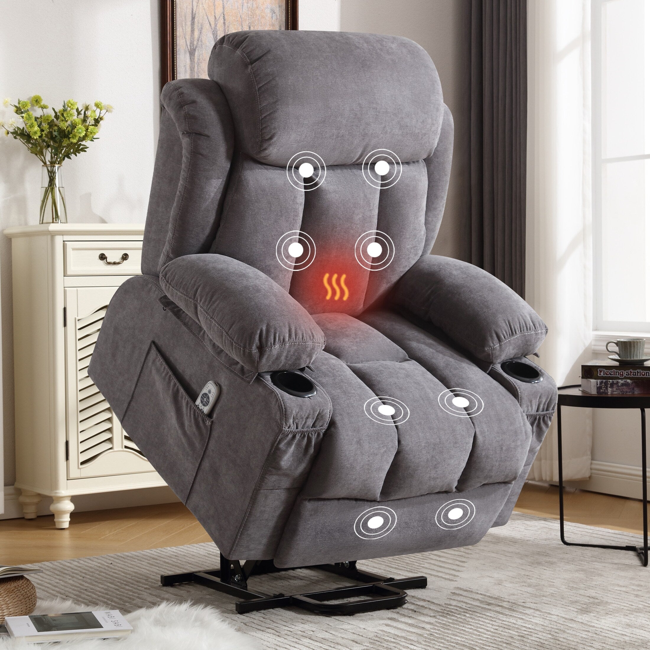 Fauteuil releveur électrique inclinable avec chauffage, massage, port USB, rangement latéral et télécommande conviviale