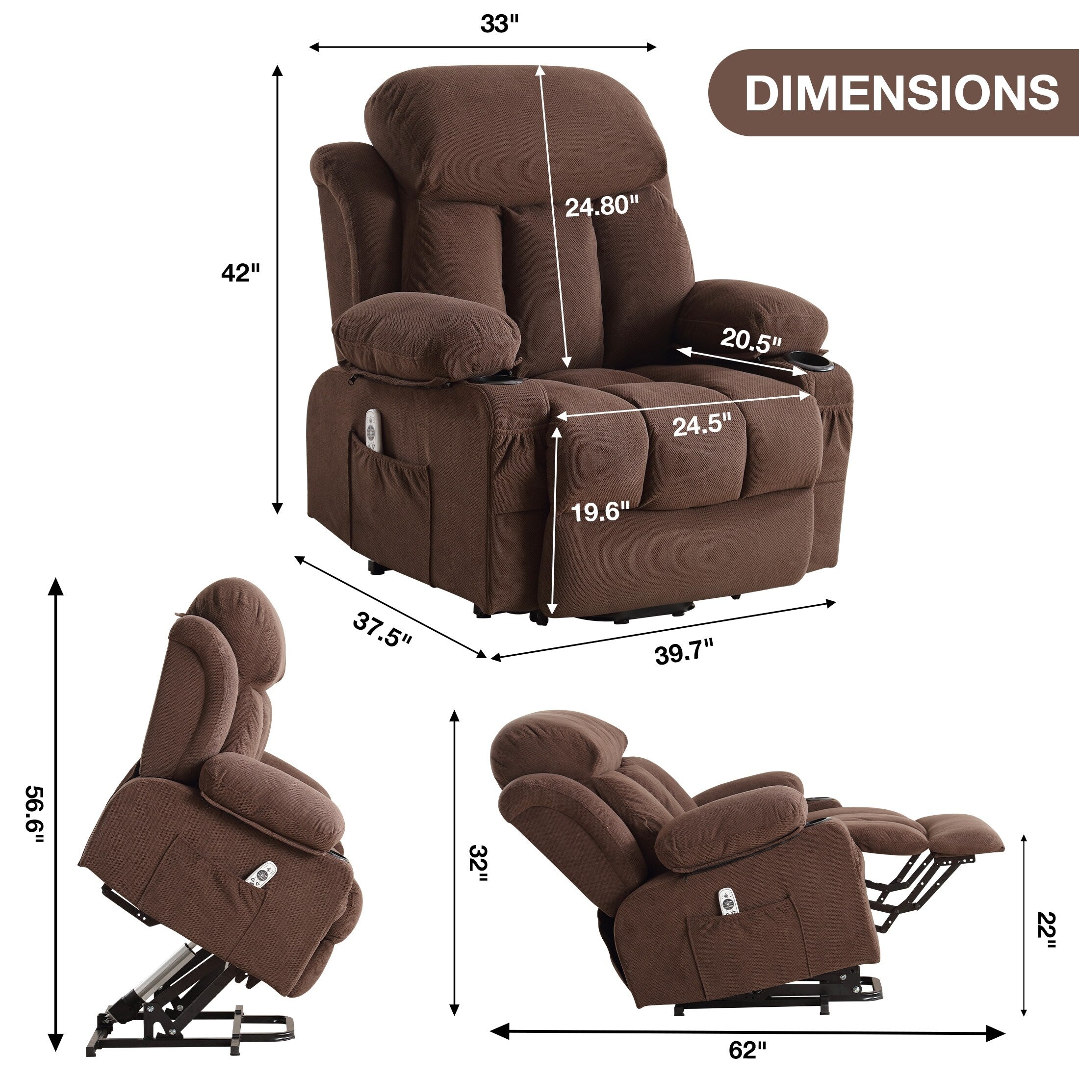 Fauteuil inclinable électrique avec chauffage, massage, télécommande, chargement USB et poches latérales pour personnes âgées
