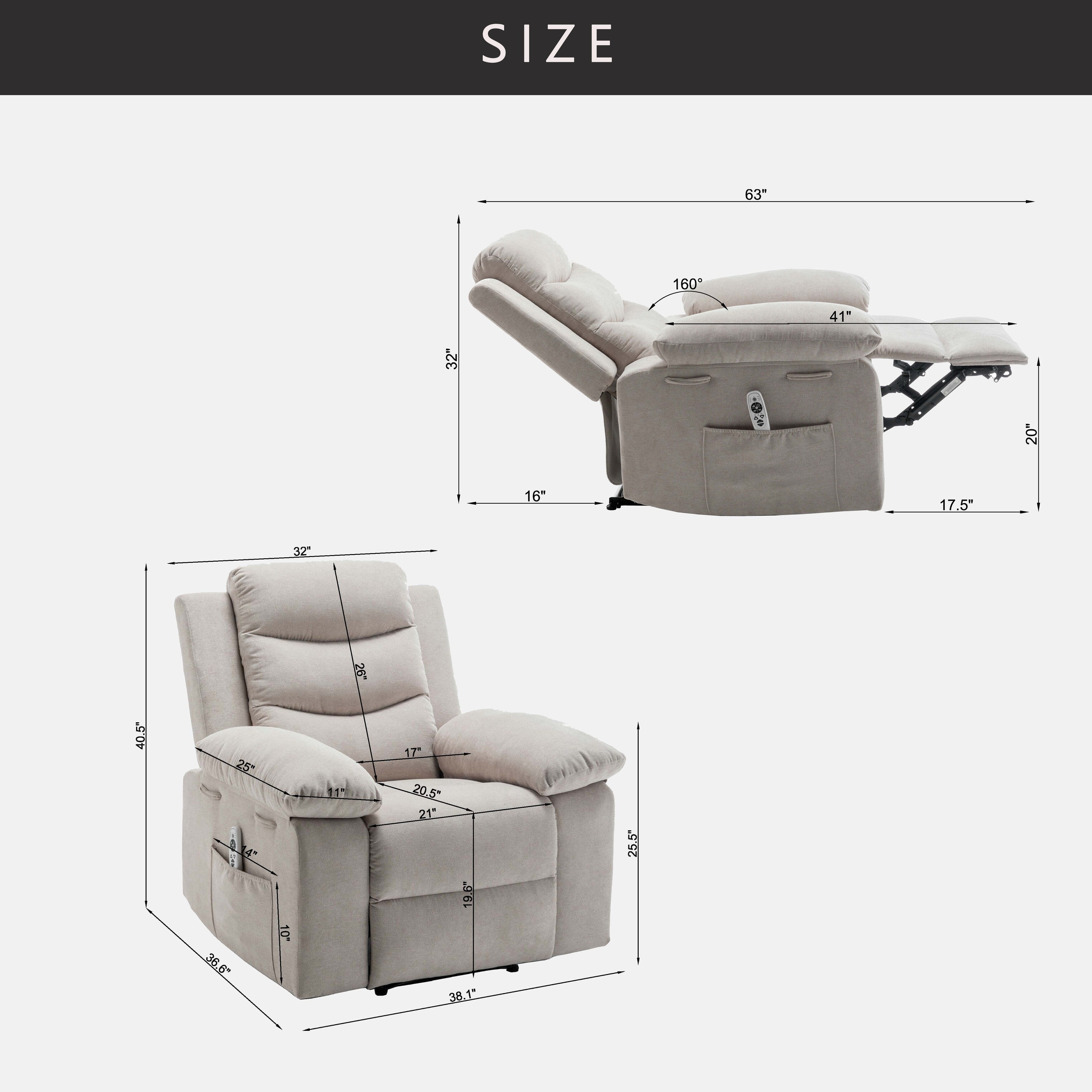 Fauteuil inclinable électrique avec massage, chauffage lombaire, poche latérale et support de cadre en acier