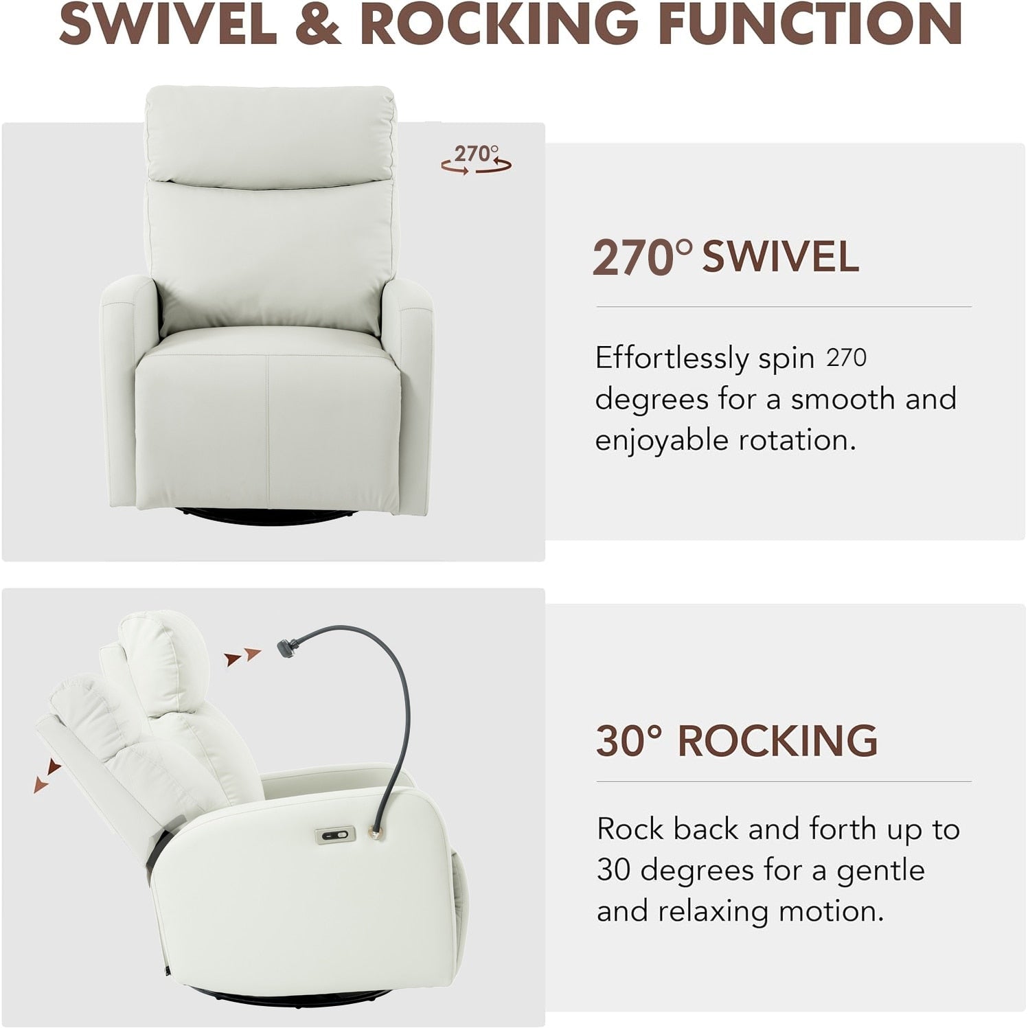 Fauteuil inclinable électrique pivotant à 270°, repose-pieds réglable, ports de charge USB et Type-C pour chambre d'enfant et salon